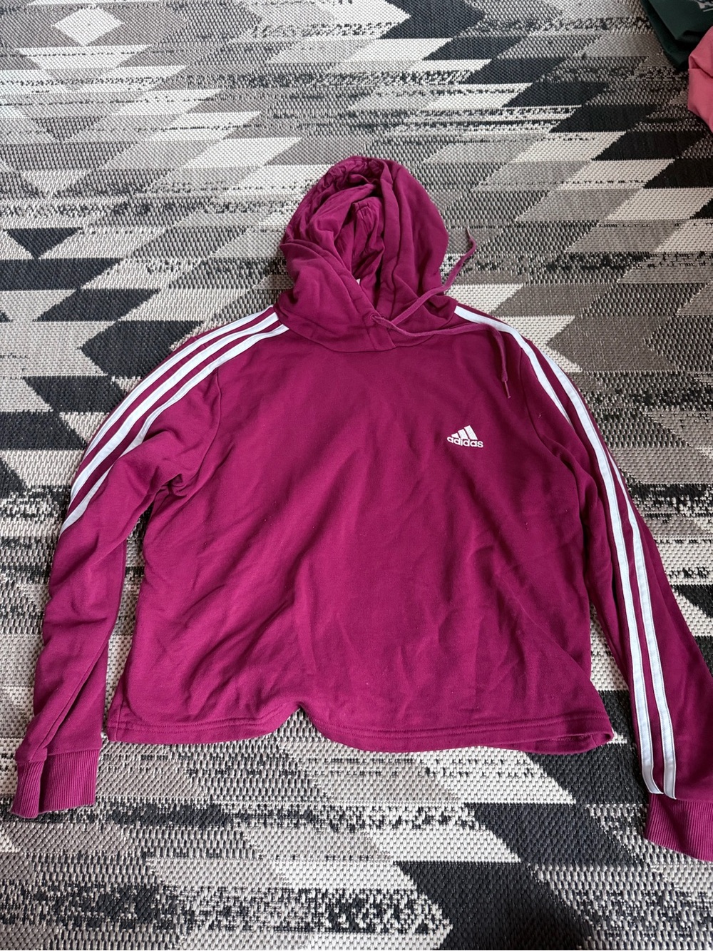adidas Women's Hooded Sweatshirt in Berry Pink with White 3-Stripes